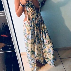 Light pink with flowers long dress.